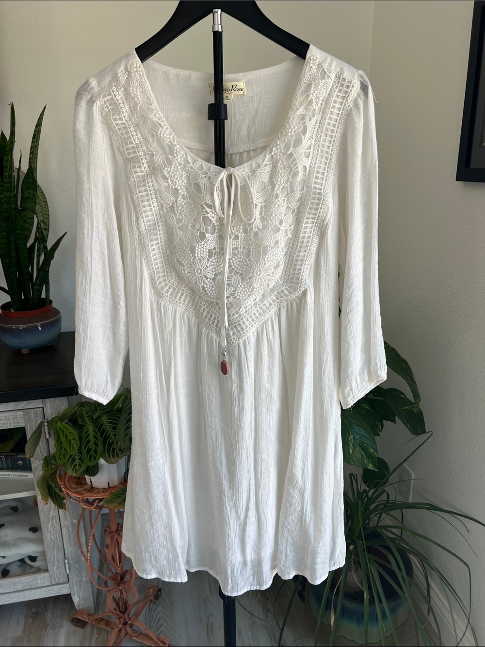 Embroidered Lace Yoke White Women's Tunic with Tie Neck